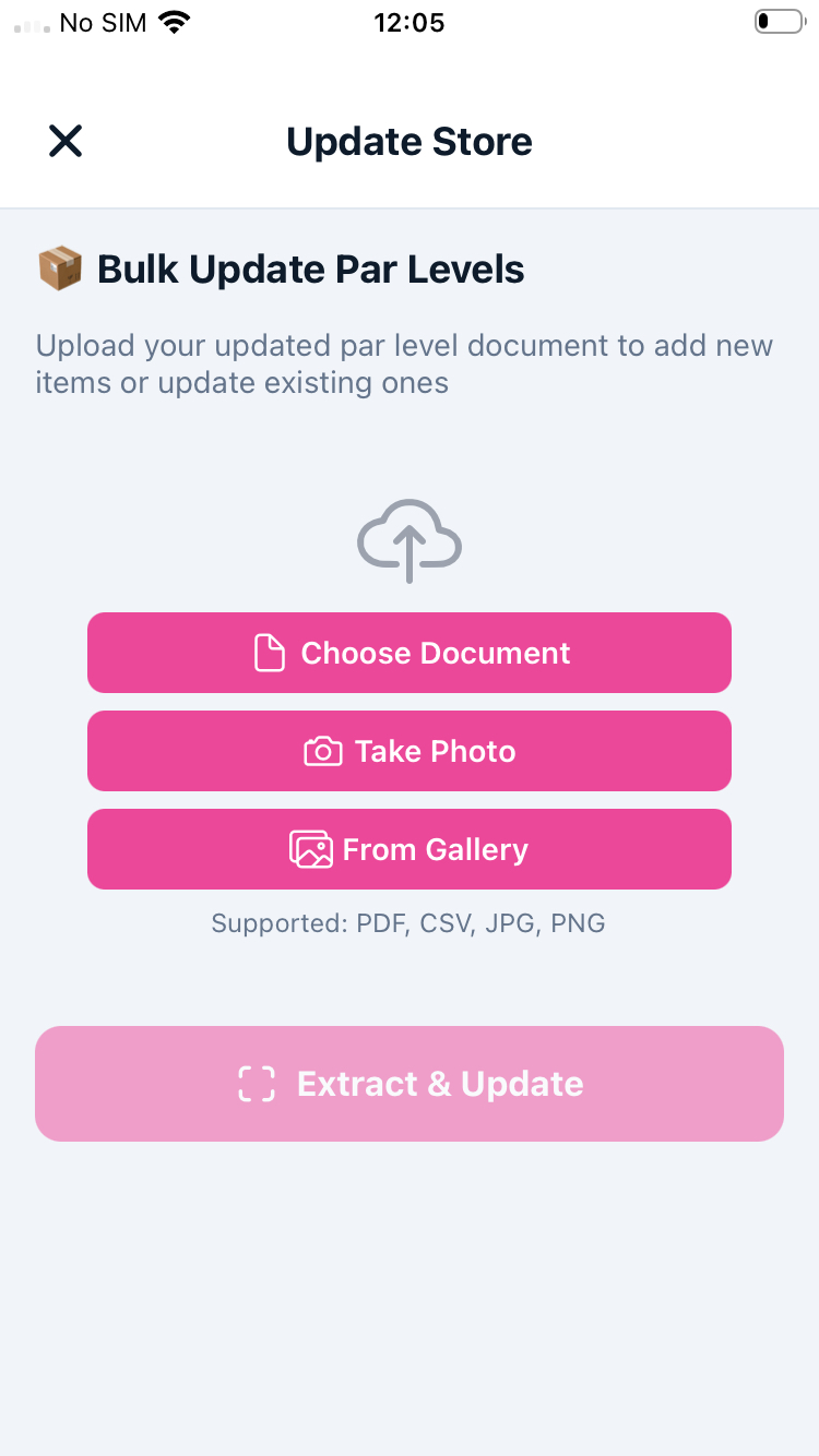 Bulk update par levels screen with document upload options