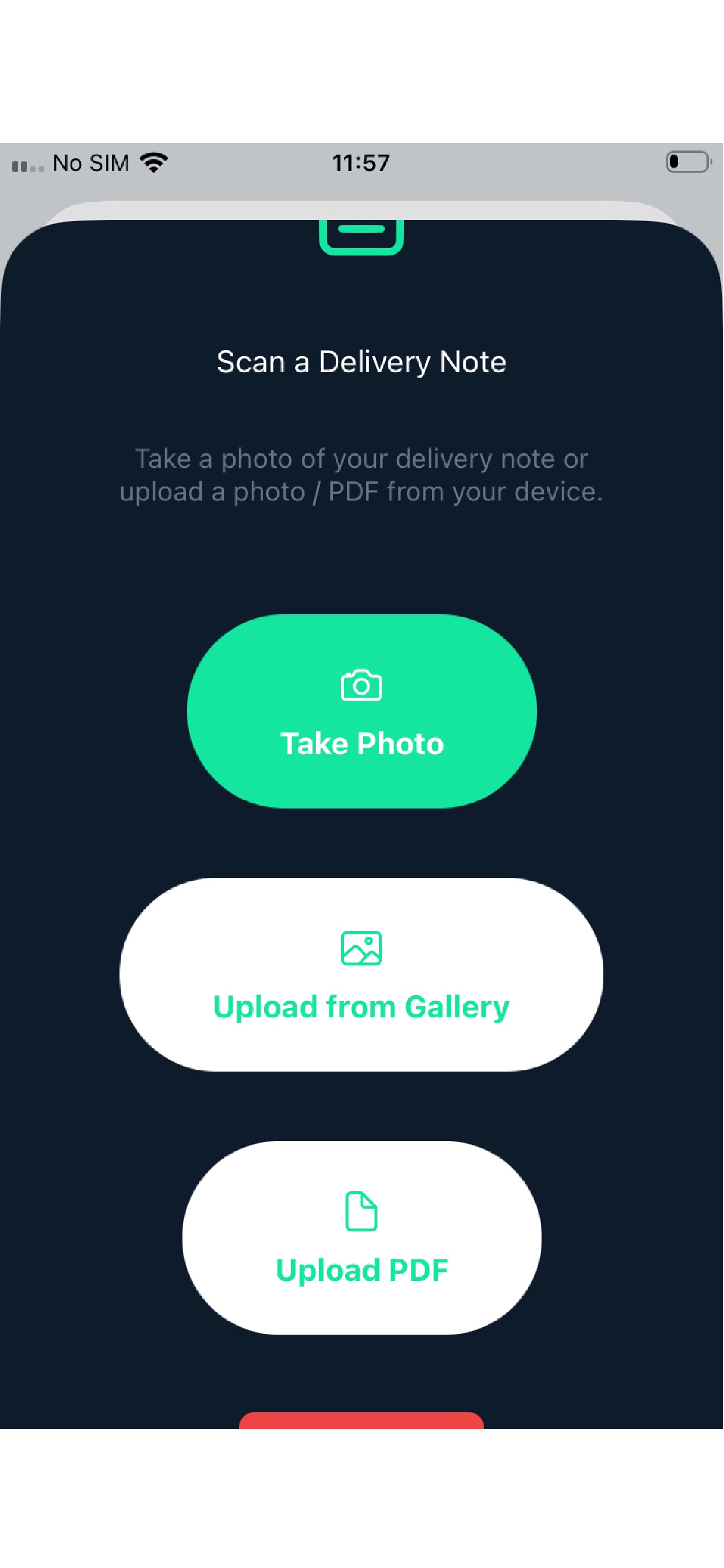 Delivery note scanner with Take Photo, Upload from Gallery and Upload PDF options