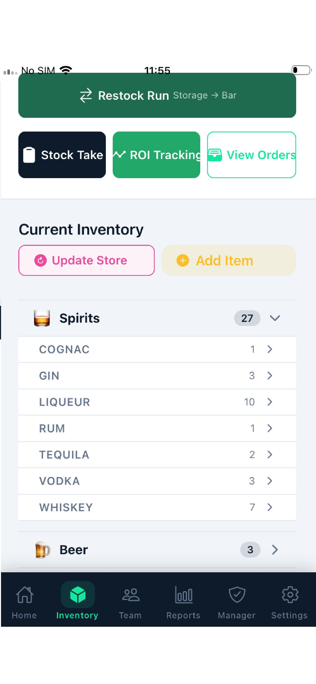 Inventory screen showing categorised items by spirits, beer and more