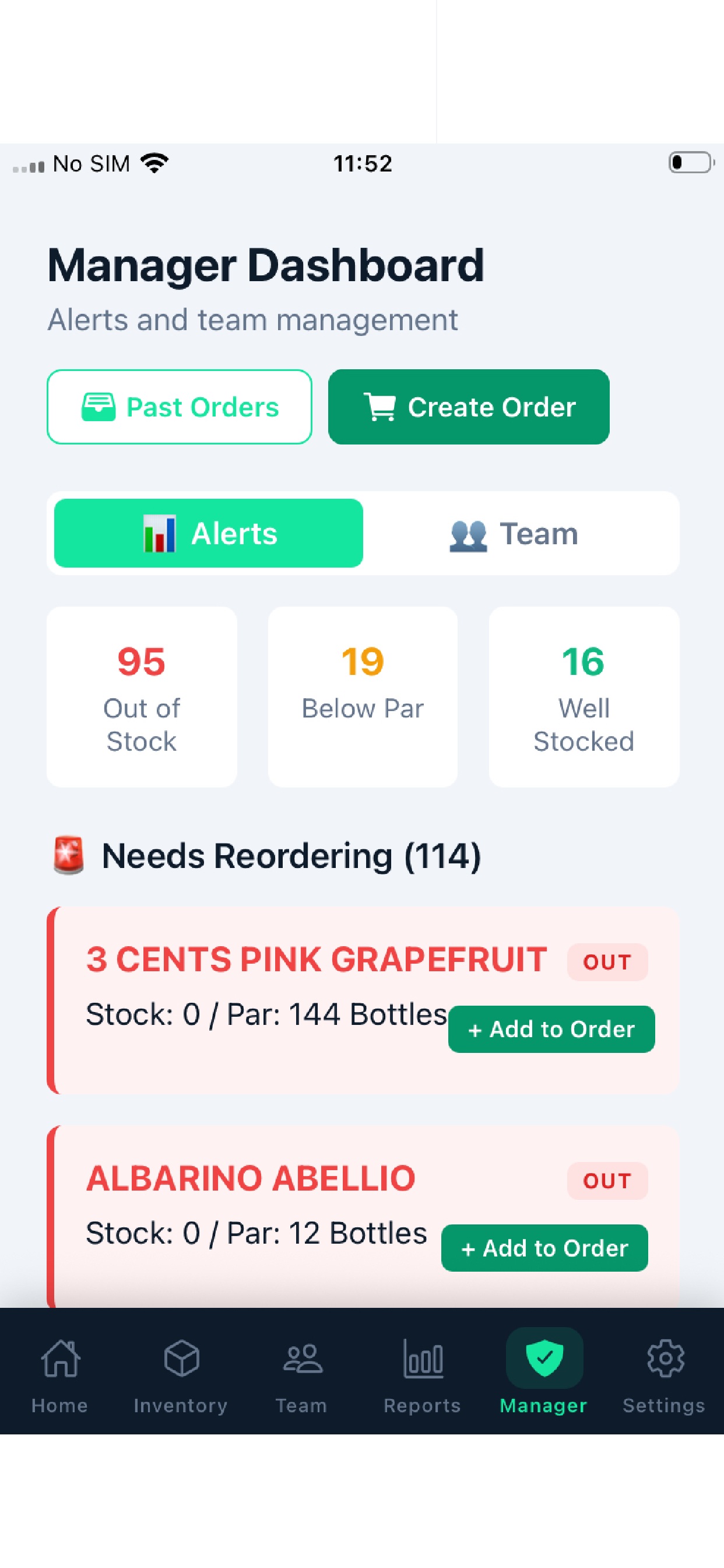 Manager Dashboard showing stock alerts and reorder list