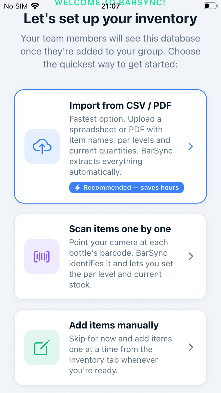 Inventory setup screen with options to import CSV, scan barcodes, or add manually