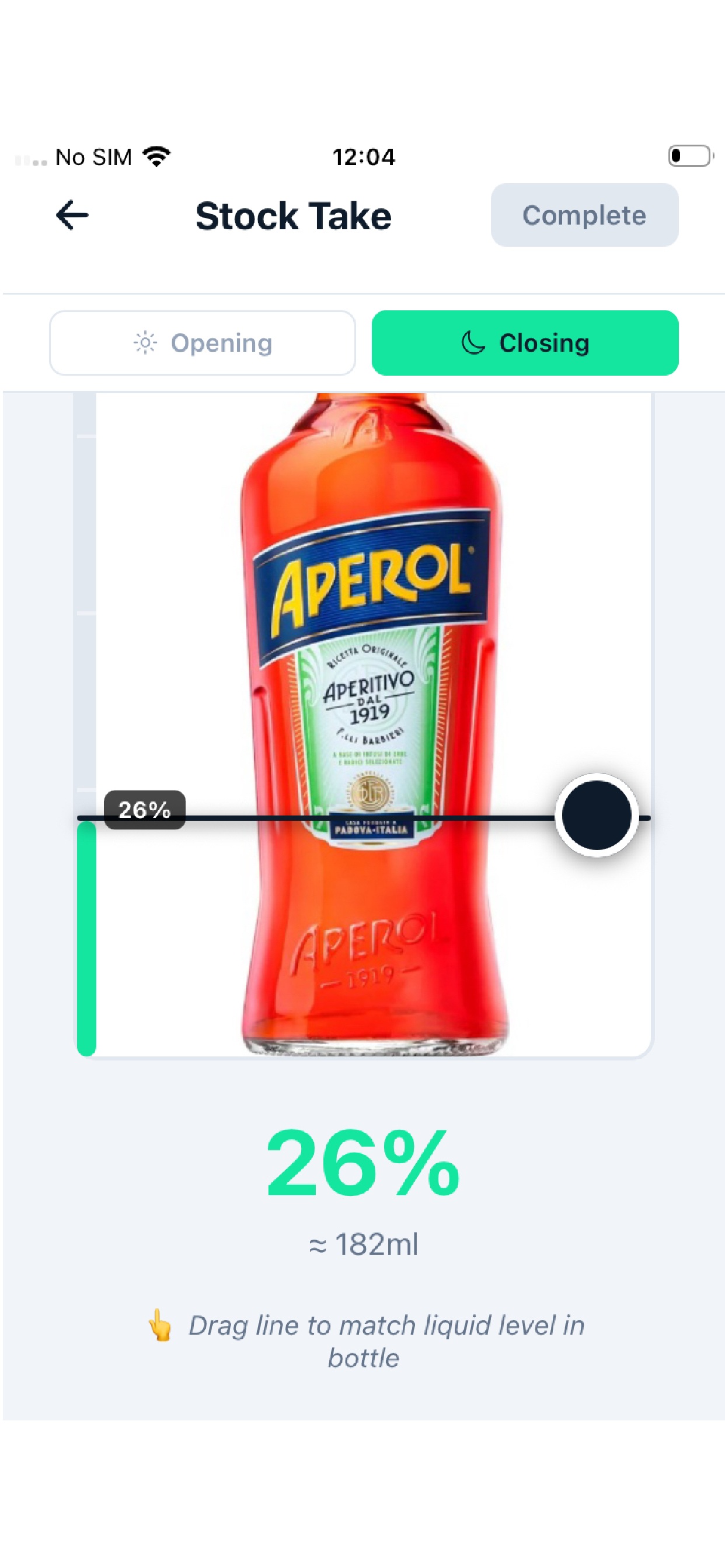 Stock take screen with visual bottle level slider showing 26% remaining
